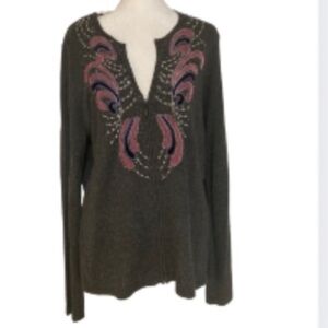 NWT Reba Lightweight Embroidered With Beads Gray & Pink/Purple Zip-up Cardigan